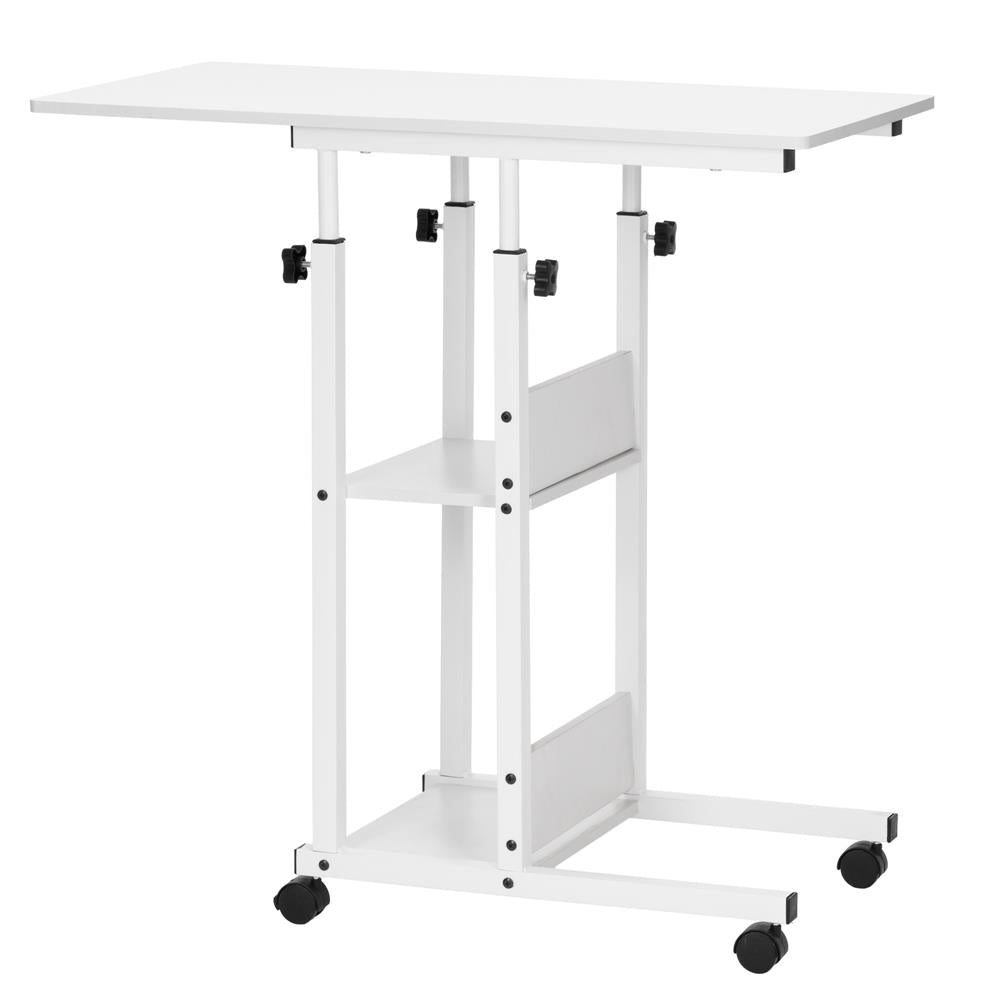 Birou reglabil pe inaltime cu rafturi si roti, blat din lemn si structura metalica, 80x40x76-86 cm, alb