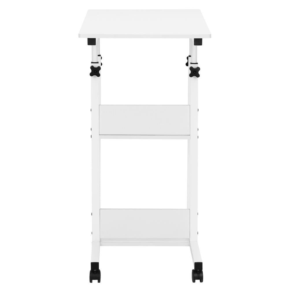 Birou reglabil pe inaltime cu rafturi si roti, blat din lemn si structura metalica, 80x40x76-86 cm, alb