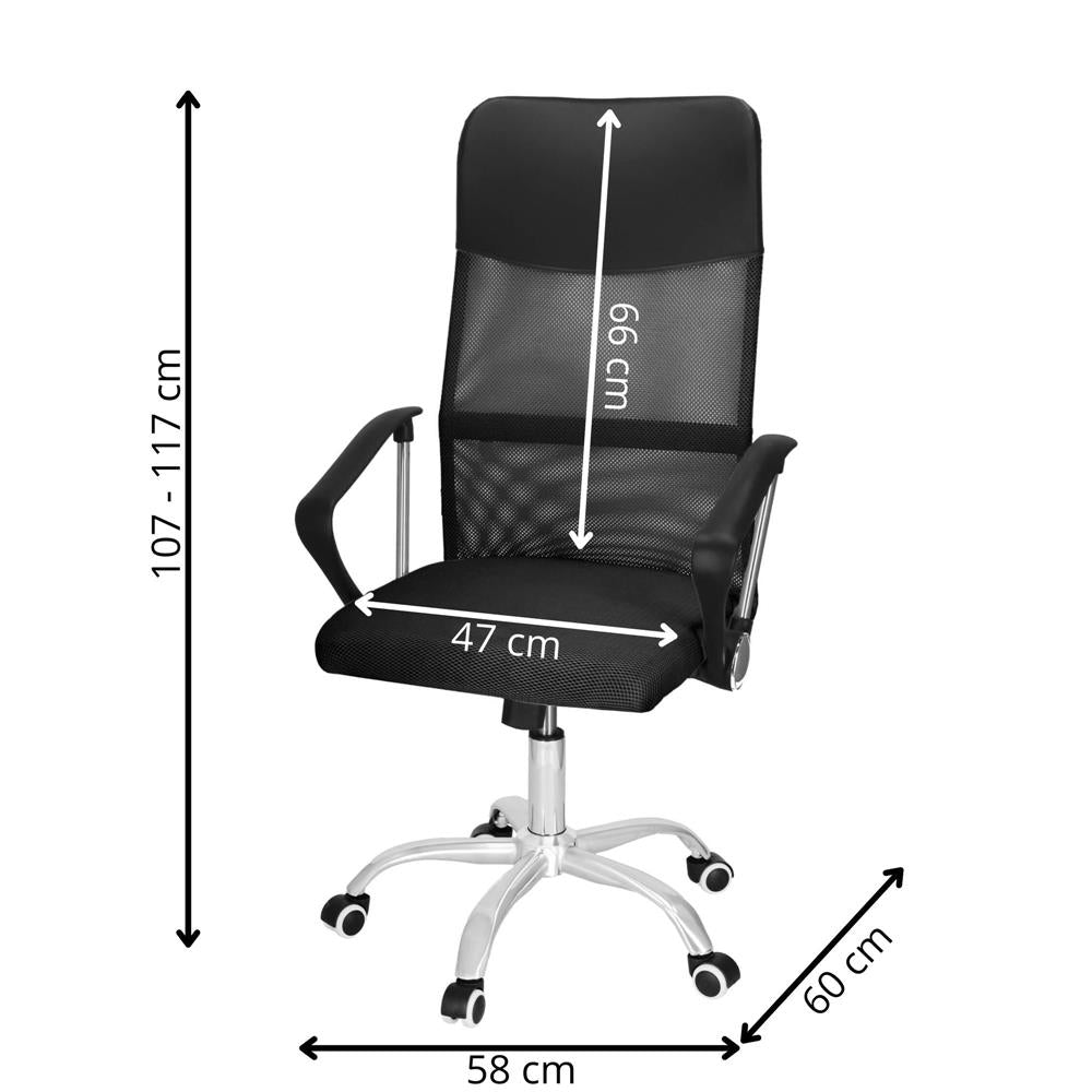 Scaun birou reglabil, ergonomic, cu spatar din microplasa respirabila si baza metalica cromata, 117x58x60 cm, negru