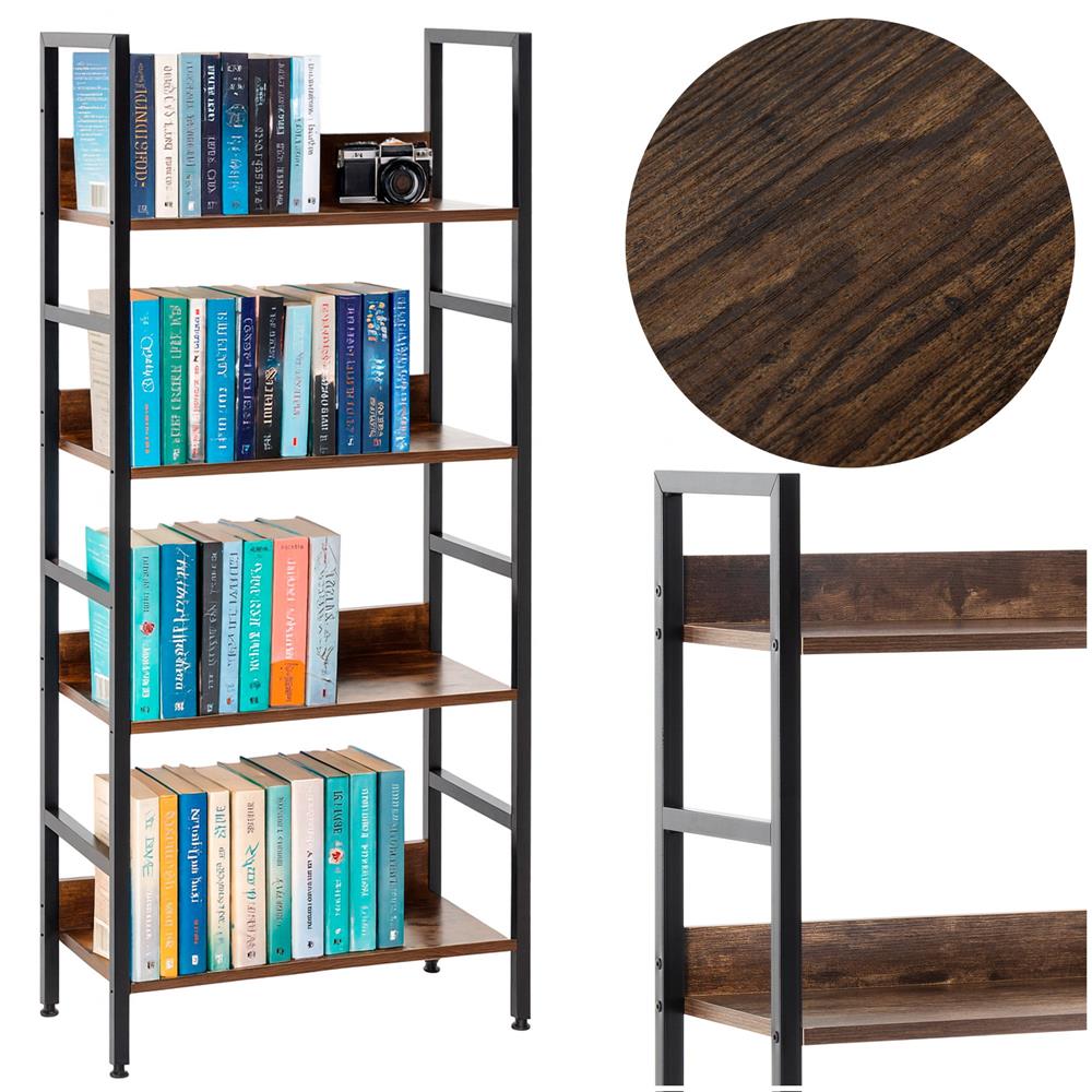 Etajera cu 4 polite din MDF si cadru metalic, stil industrial, 60x28x124.5 cm, maro inchis si negru