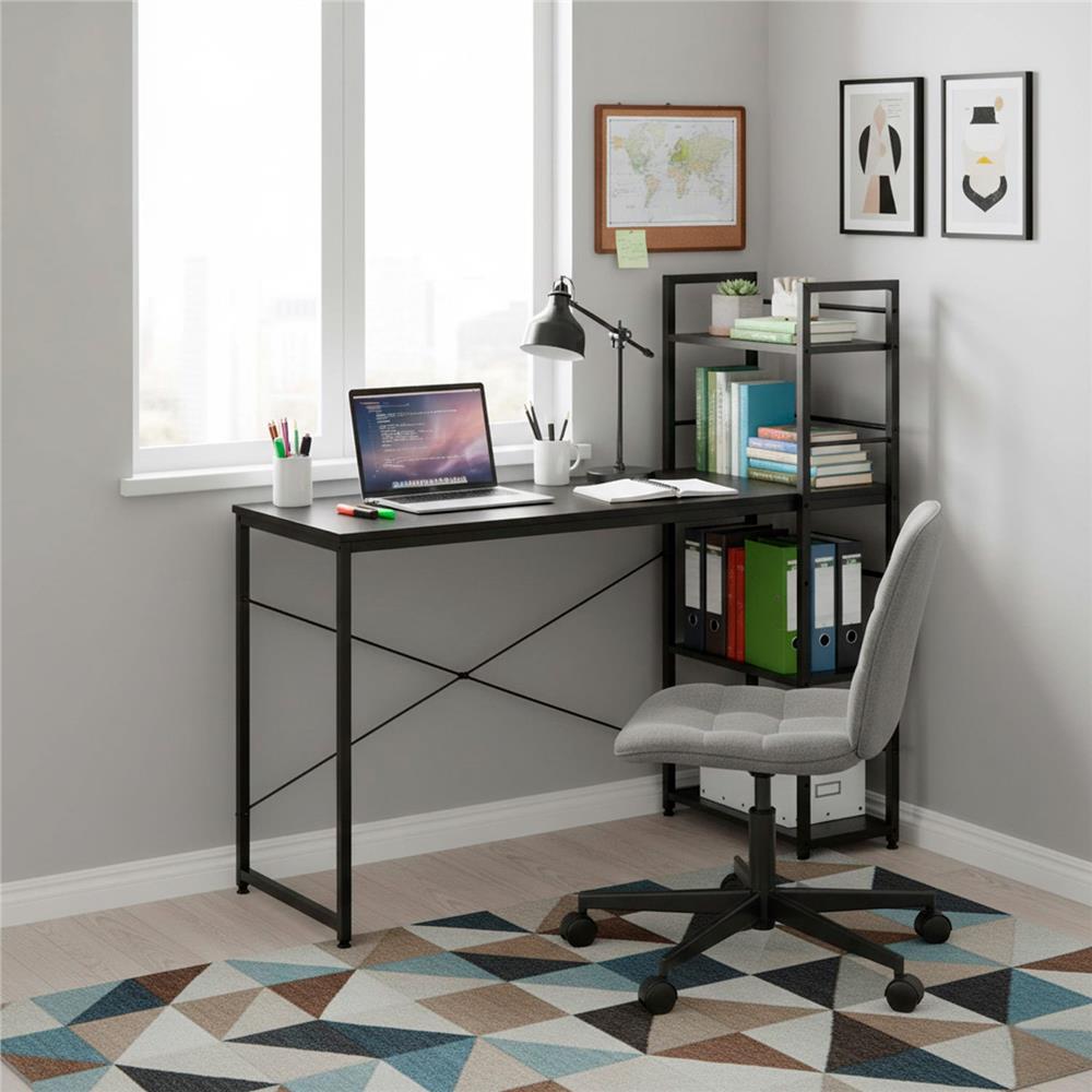 Birou cu blat MDF si rafturi laterale, cadru metalic, 120x48x122 cm, negru