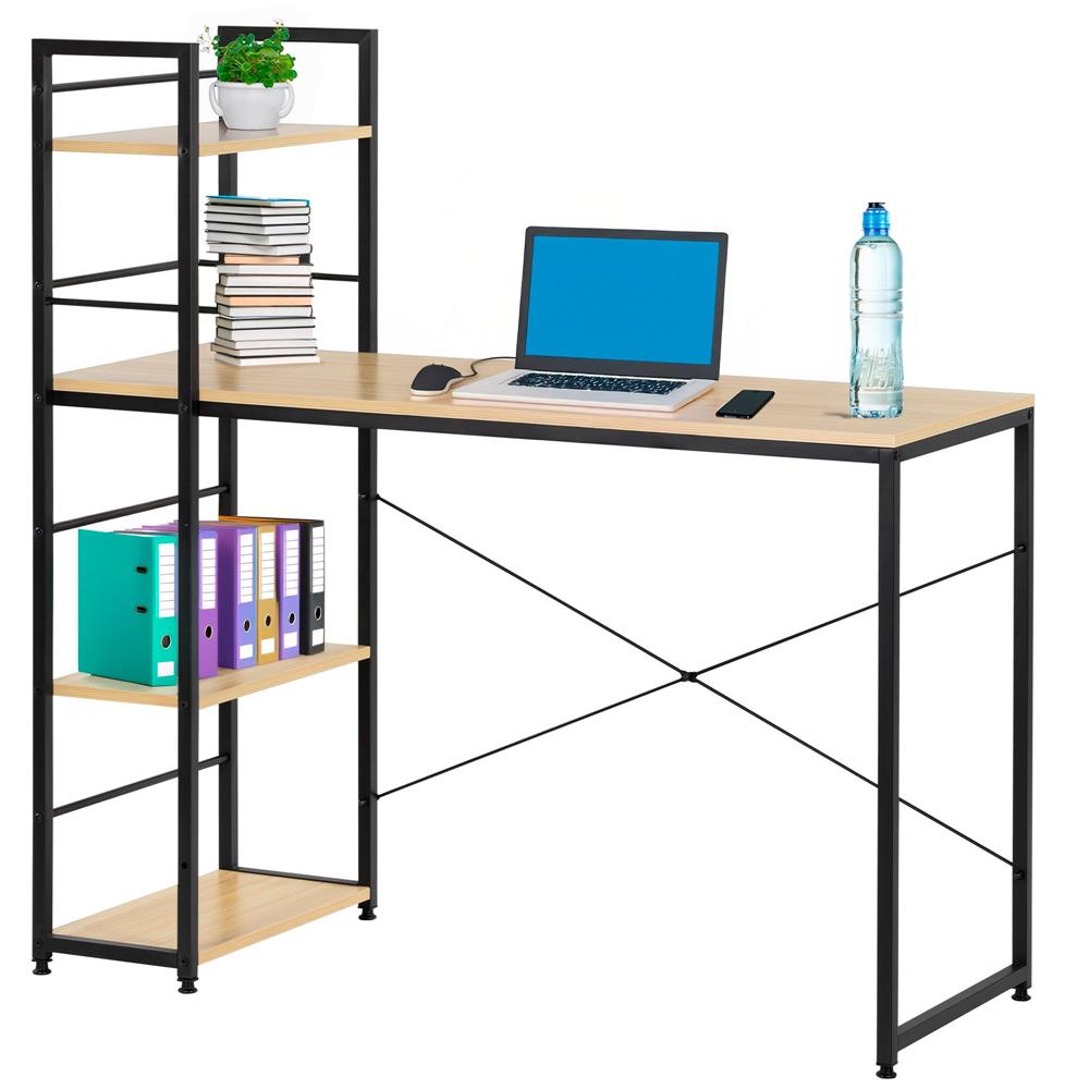 Birou cu blat MDF si rafturi laterale, cadru metalic, 120x48x122 cm, maro deschis