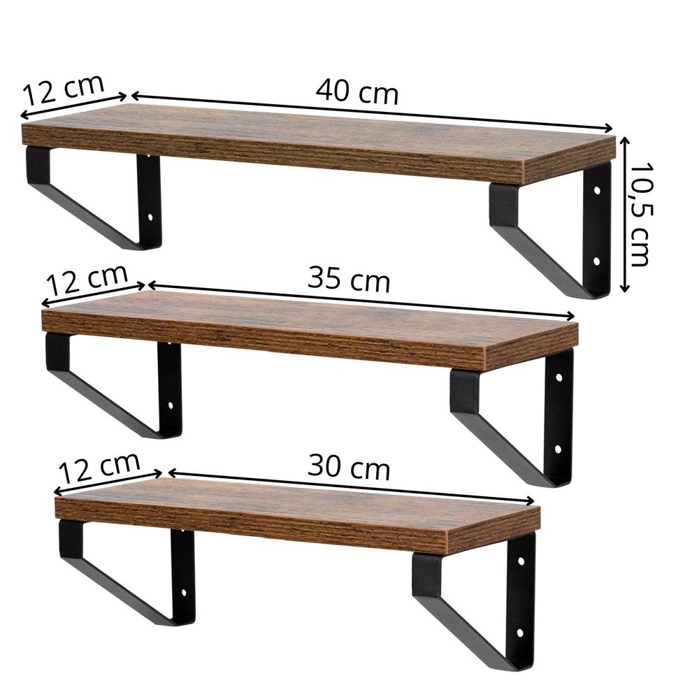 Set 3 rafturi de perete din metal si MDF, 30-35-40x12 cm, negru si maro