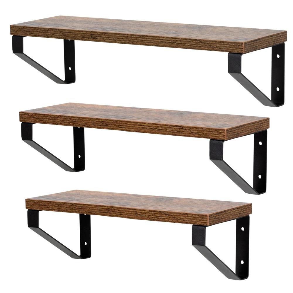 Set 3 rafturi de perete din metal si MDF, 30-35-40x12 cm, negru si maro