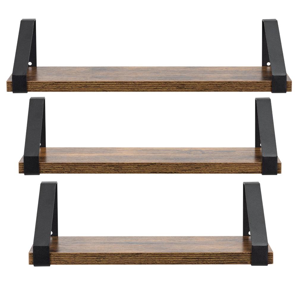 Set 3 rafturi de perete din metal si MDF, 30-35-40x12 cm, negru si maro