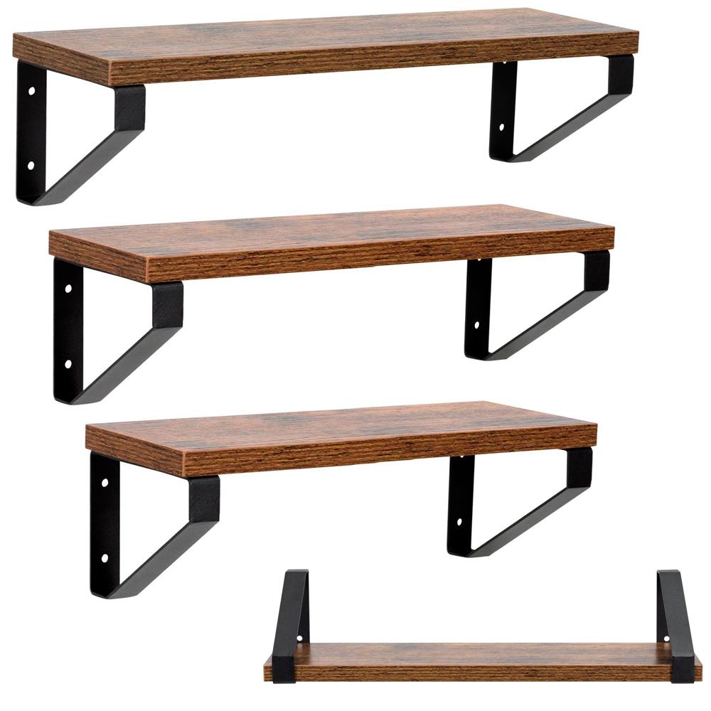 Set 3 rafturi de perete din metal si MDF, 30-35-40x12 cm, negru si maro