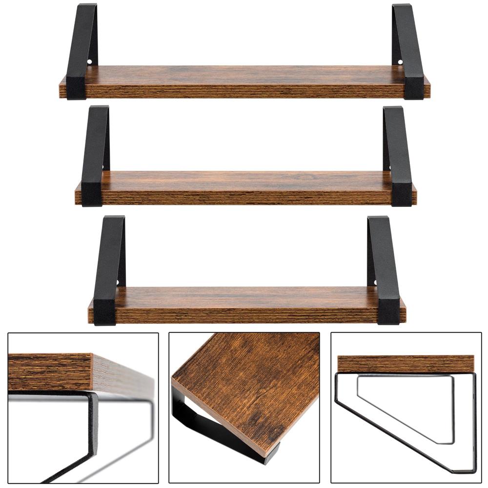 Set 3 rafturi de perete din metal si MDF, 30-35-40x12 cm, negru si maro