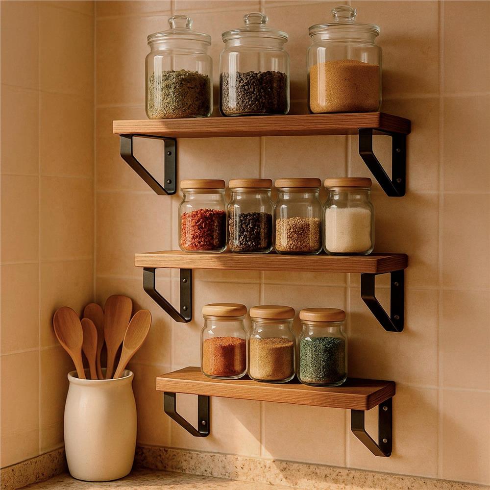 Set 3 rafturi de perete din metal si MDF, 30-35-40x12 cm, negru si maro