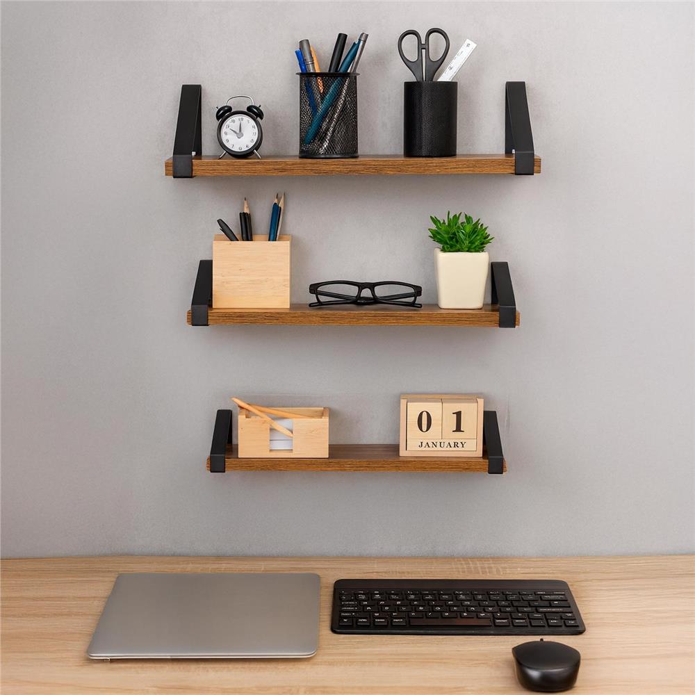 Set 3 rafturi de perete din metal si MDF, 30-35-40x12 cm, negru si maro