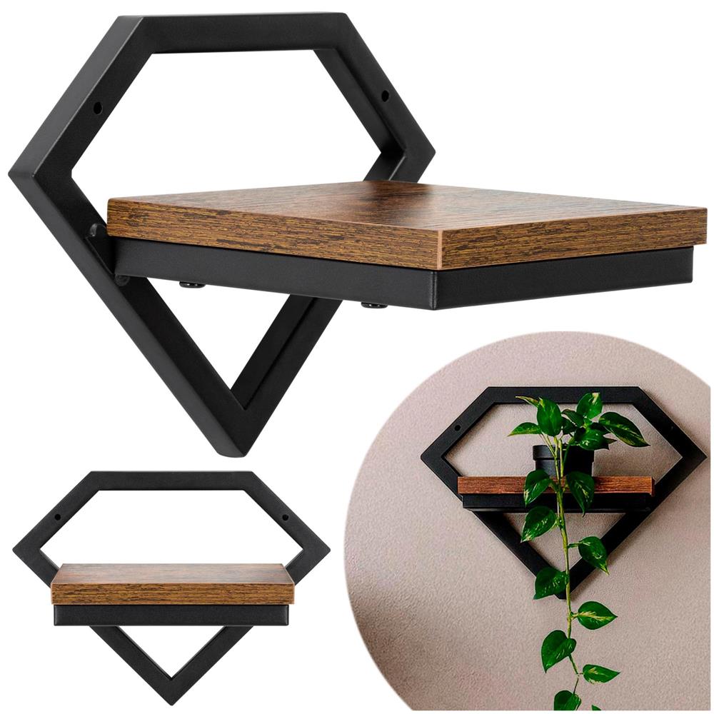 Suport de perete pentru flori, metal si MDF, 25,5x19 cm, negru/maro