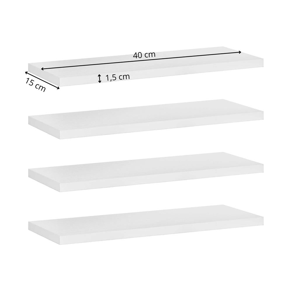 Set 4 rafturi supendate de perete, MDF cu suport metalic ingropat, 40x15 cm, alb