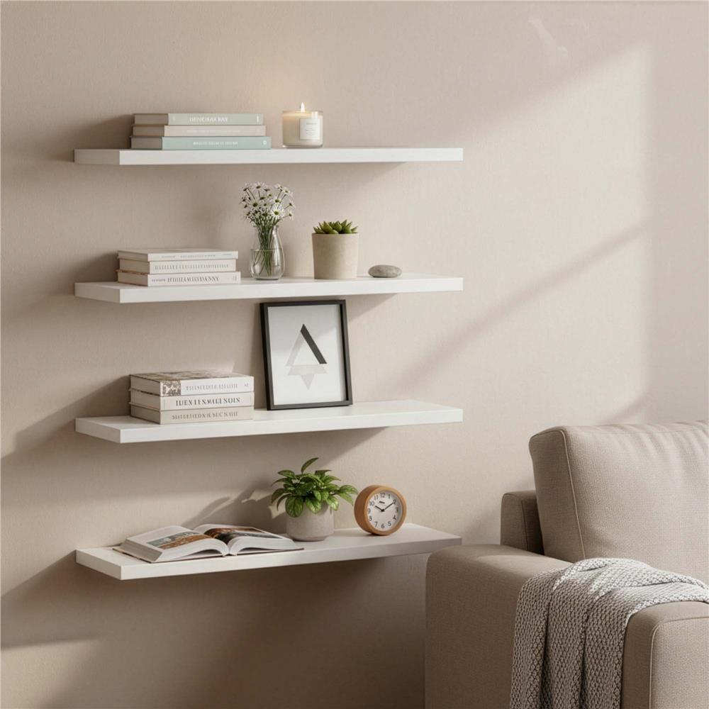 Set 4 rafturi supendate de perete, MDF cu suport metalic ingropat, 40x15 cm, alb