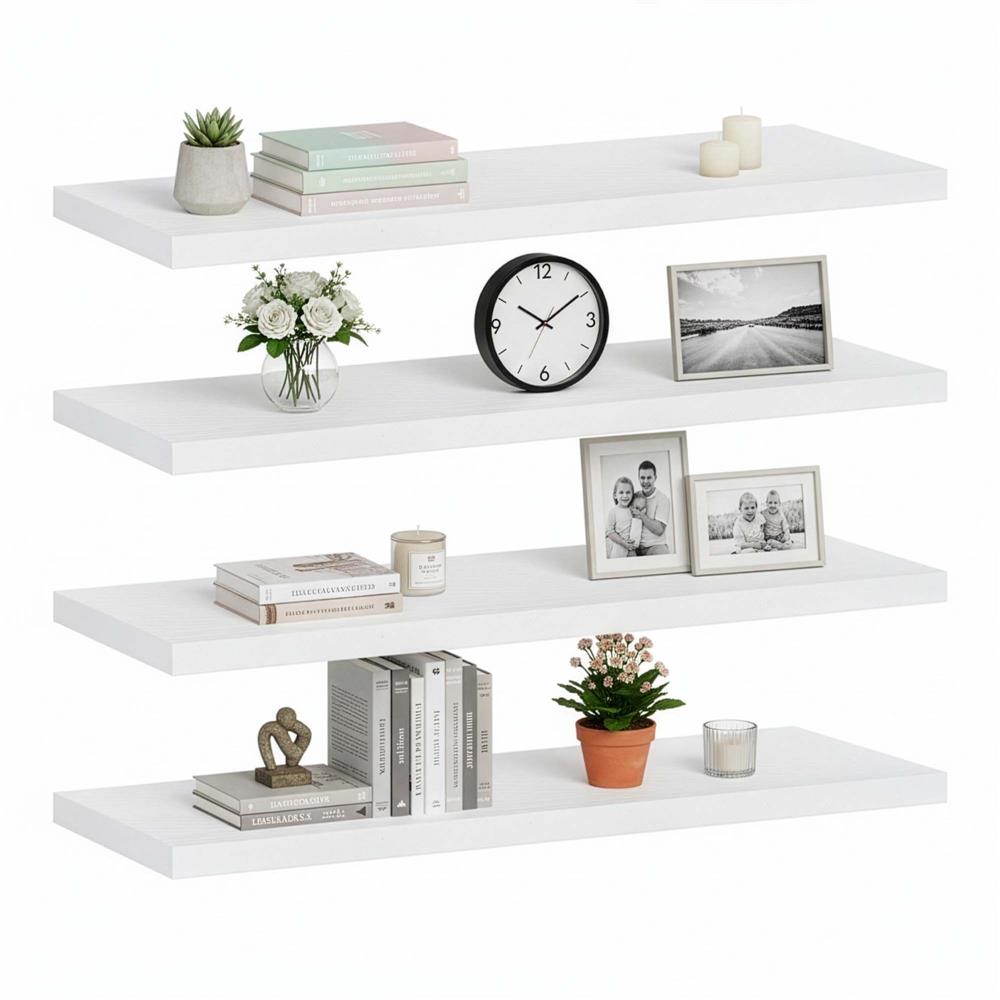 Set 4 rafturi supendate de perete, MDF cu suport metalic ingropat, 40x15 cm, alb