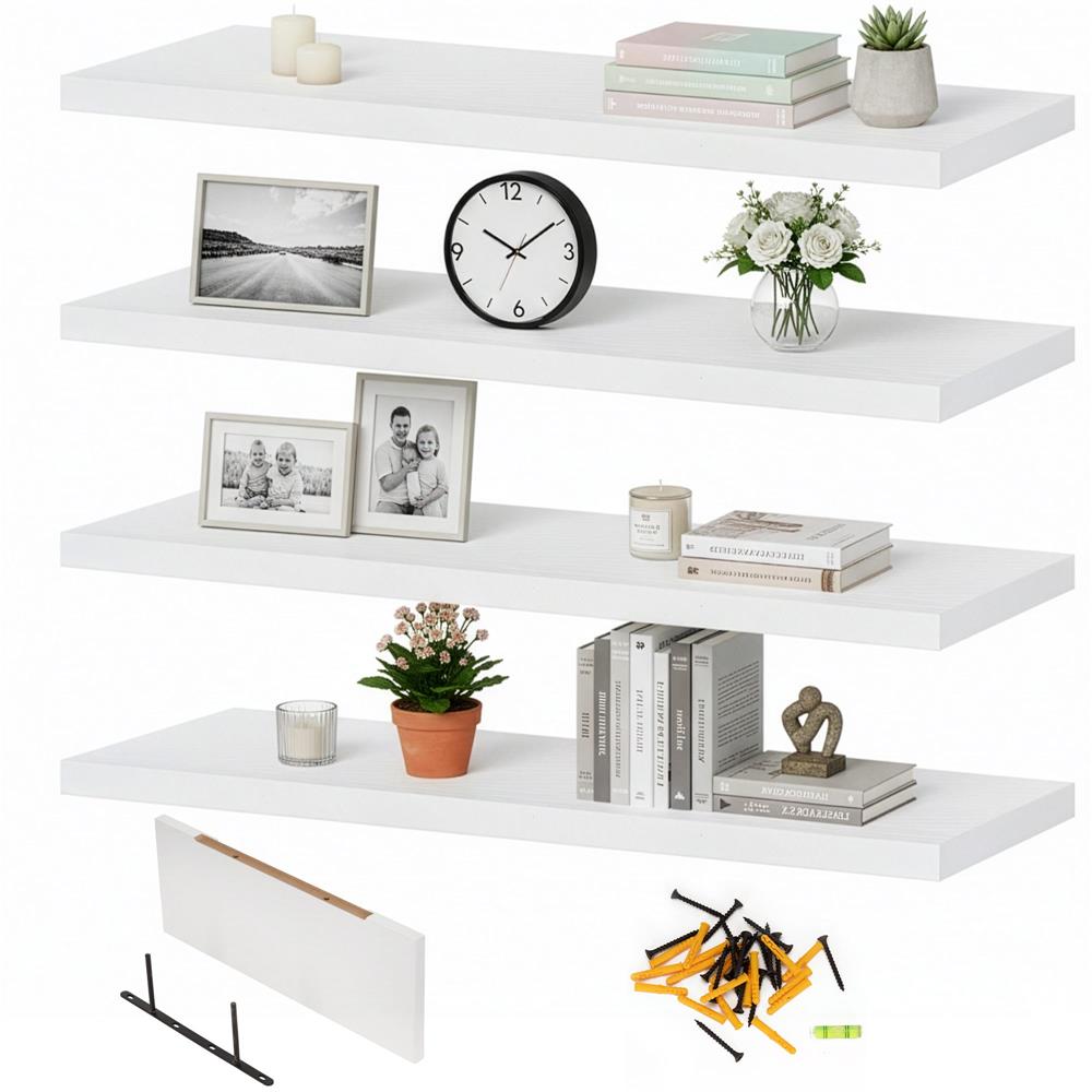 Set 4 rafturi supendate de perete, MDF cu suport metalic ingropat, 40x15 cm, alb