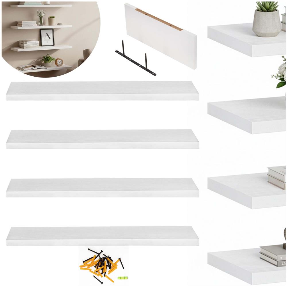 Set 4 rafturi supendate de perete, MDF cu suport metalic ingropat, 40x15 cm, alb