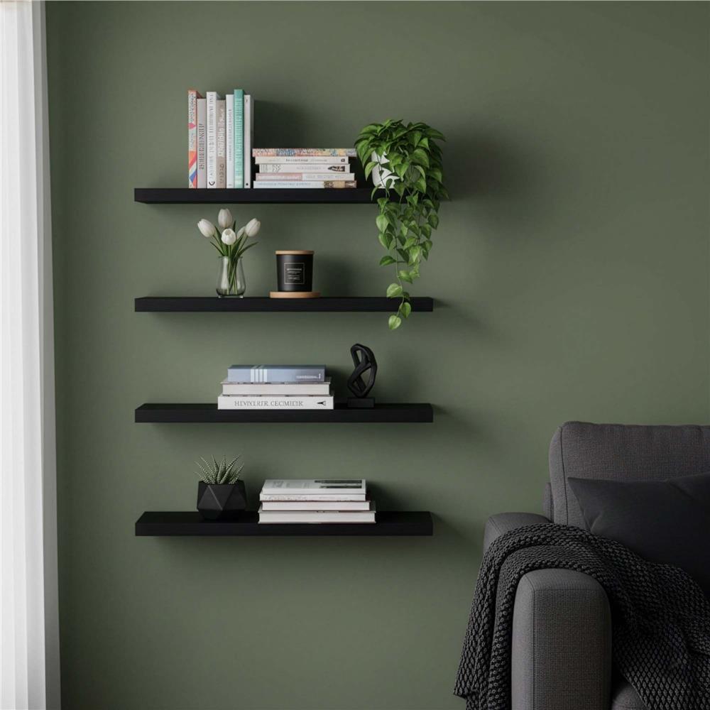 Set 4 rafturi supendate de perete, MDF cu suport metalic ingropat, 40x15 cm, negru
