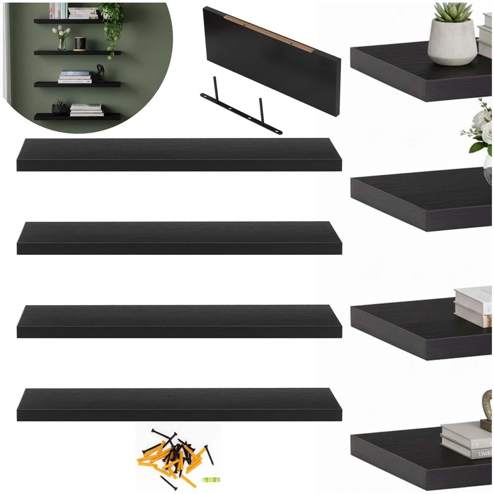 Set 4 rafturi supendate de perete, MDF cu suport metalic ingropat, 40x15 cm, negru