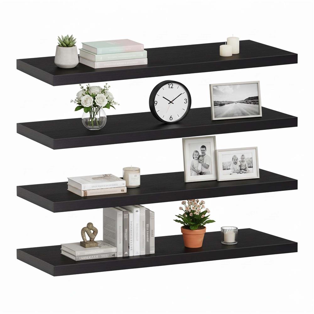 Set 4 rafturi supendate de perete, MDF cu suport metalic ingropat, 40x15 cm, negru