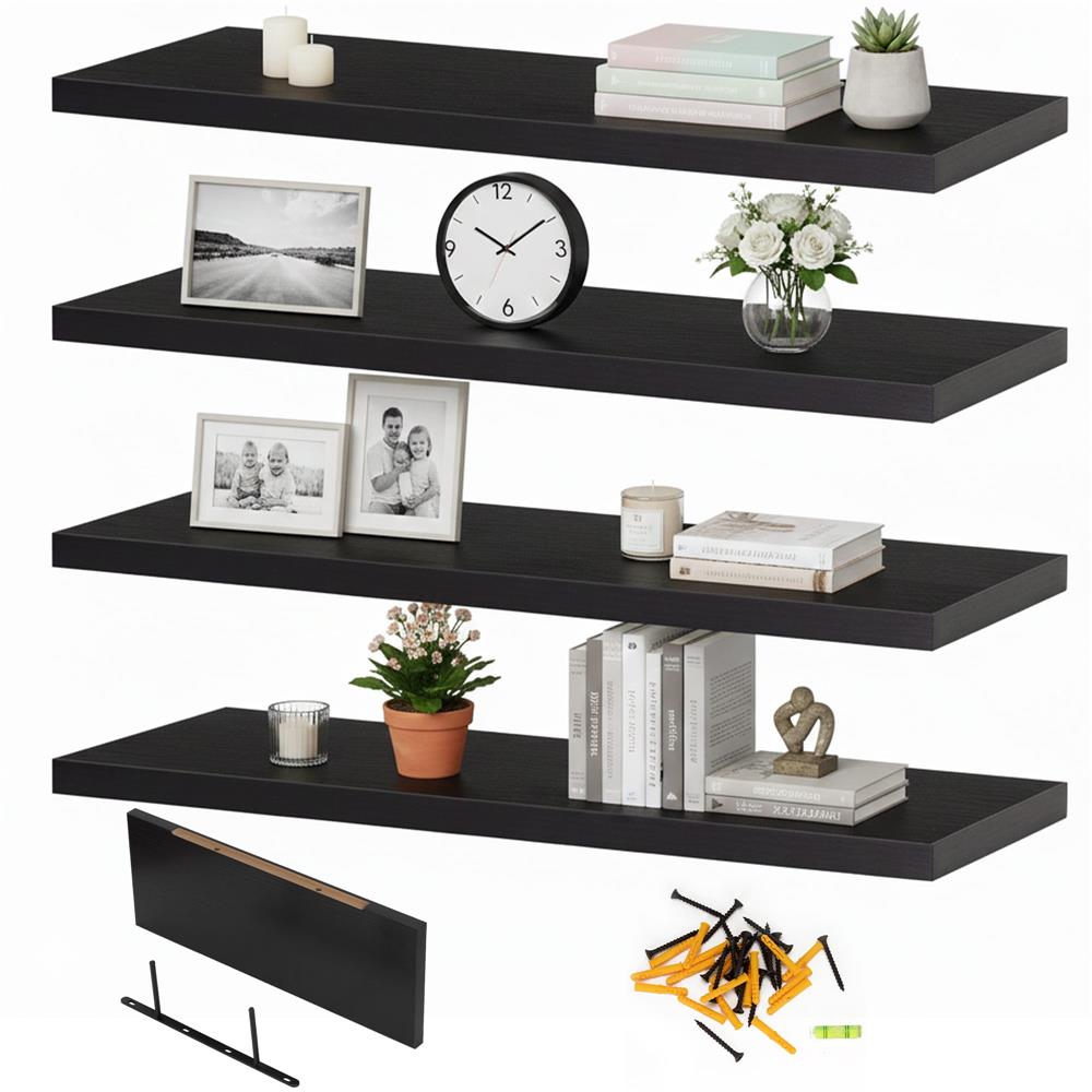 Set 4 rafturi supendate de perete, MDF cu suport metalic ingropat, 40x15 cm, negru