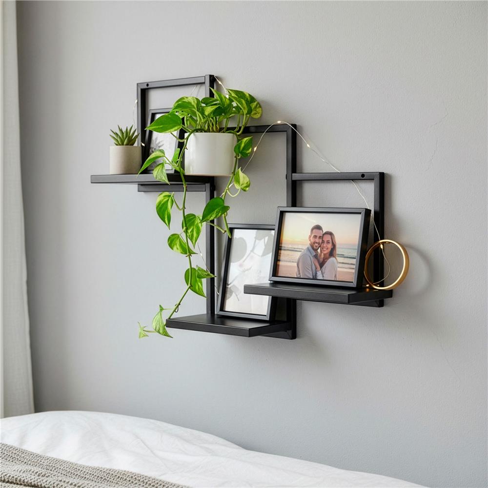 Raft de perete cu 3 polite din MDF si cadru metalic, 58x21x50 cm, negru