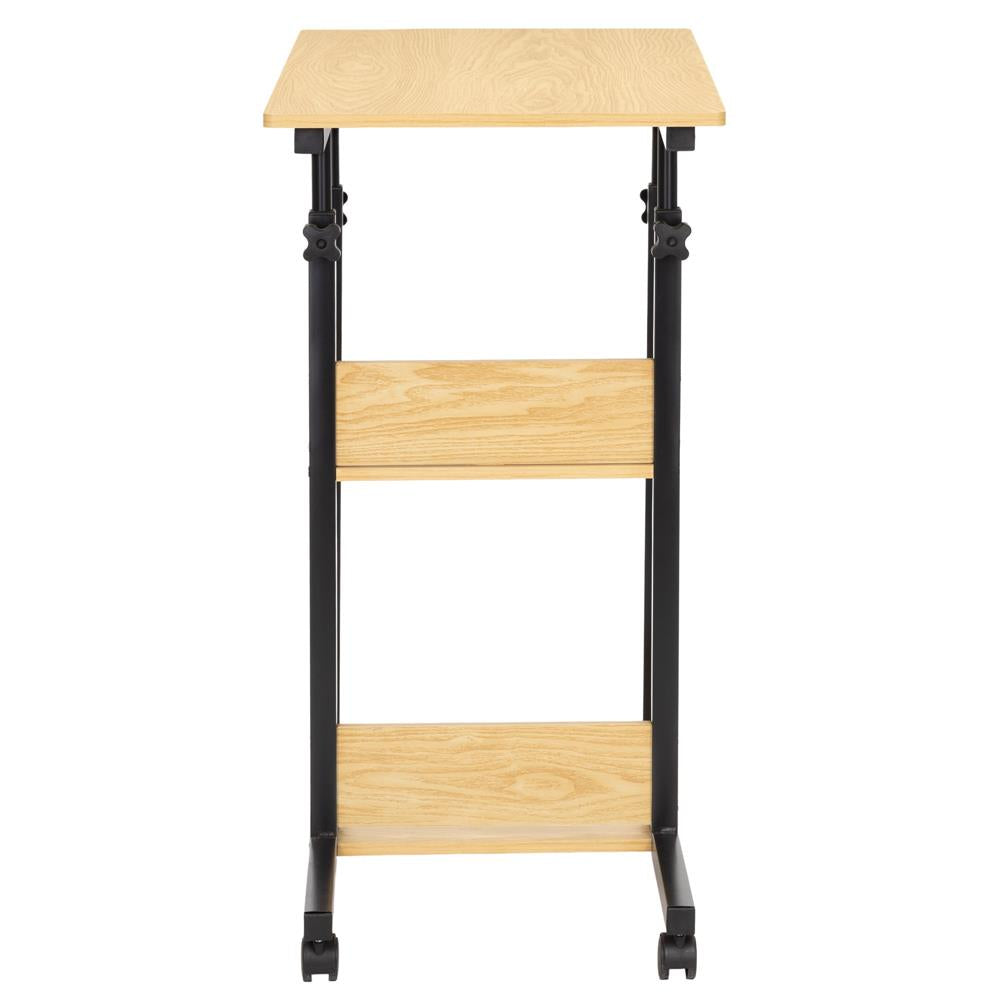 Birou reglabil pe inaltime cu rafturi si roti, blat din lemn si structura metalica, 80x40x76-86 cm, maro natur