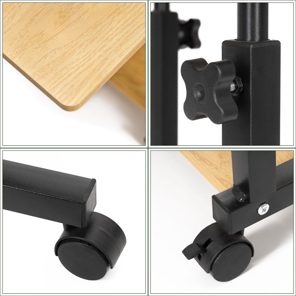 Birou reglabil pe inaltime cu rafturi si roti, blat din lemn si structura metalica, 80x40x76-86 cm, maro natur