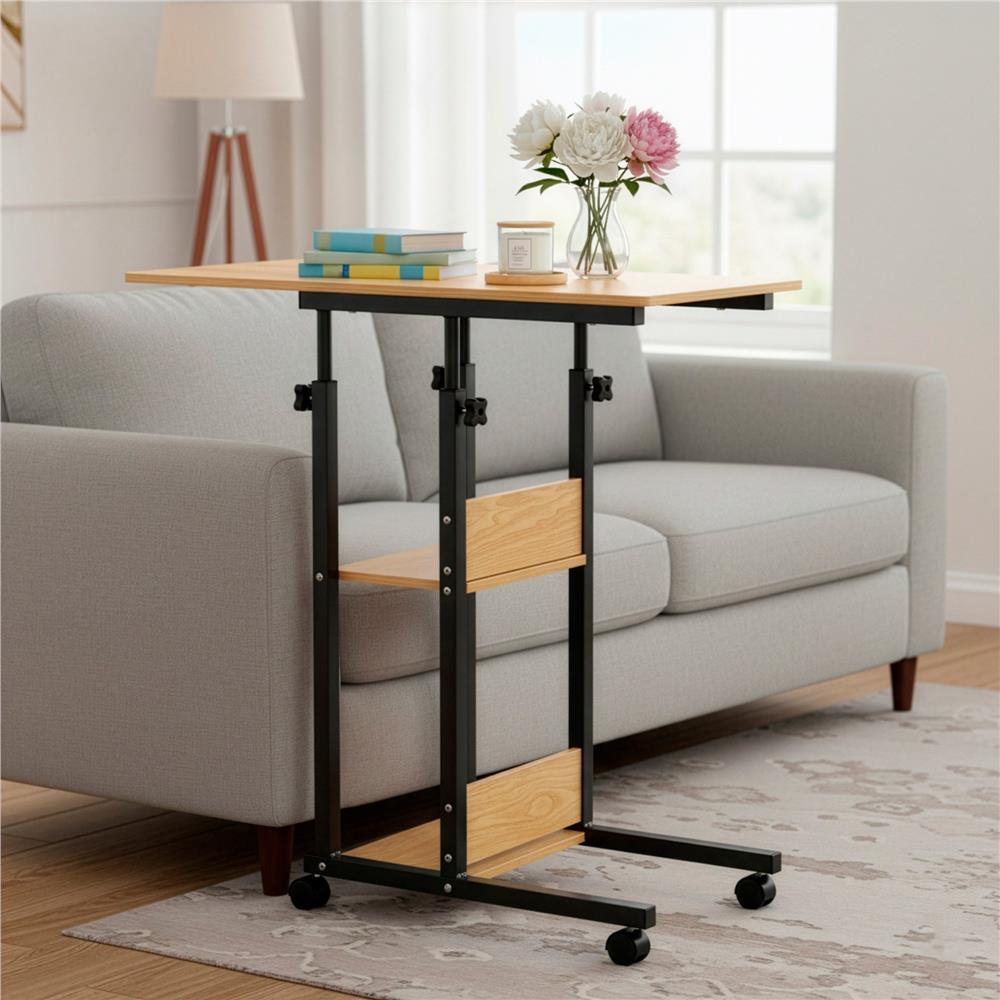 Birou reglabil pe inaltime cu rafturi si roti, blat din lemn si structura metalica, 80x40x76-86 cm, maro natur