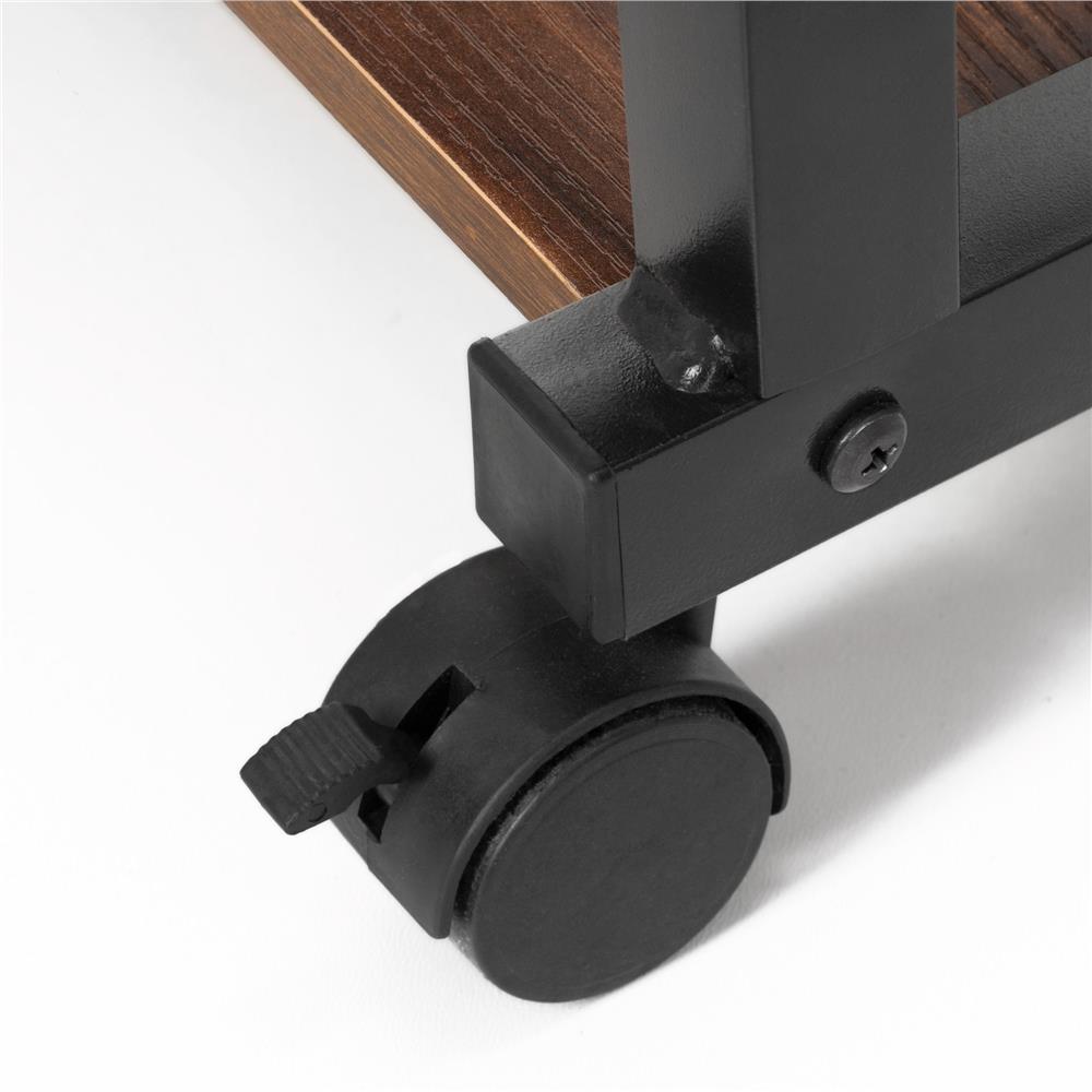 Birou reglabil pe inaltime cu rafturi si roti, blat din lemn si structura metalica, 80x40x76-86 cm, maro inchis