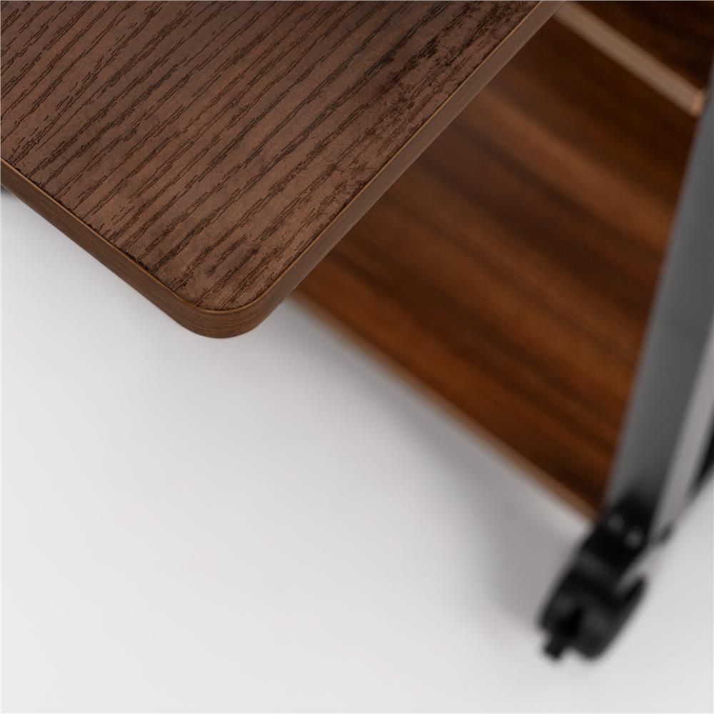 Birou reglabil pe inaltime cu rafturi si roti, blat din lemn si structura metalica, 80x40x76-86 cm, maro inchis