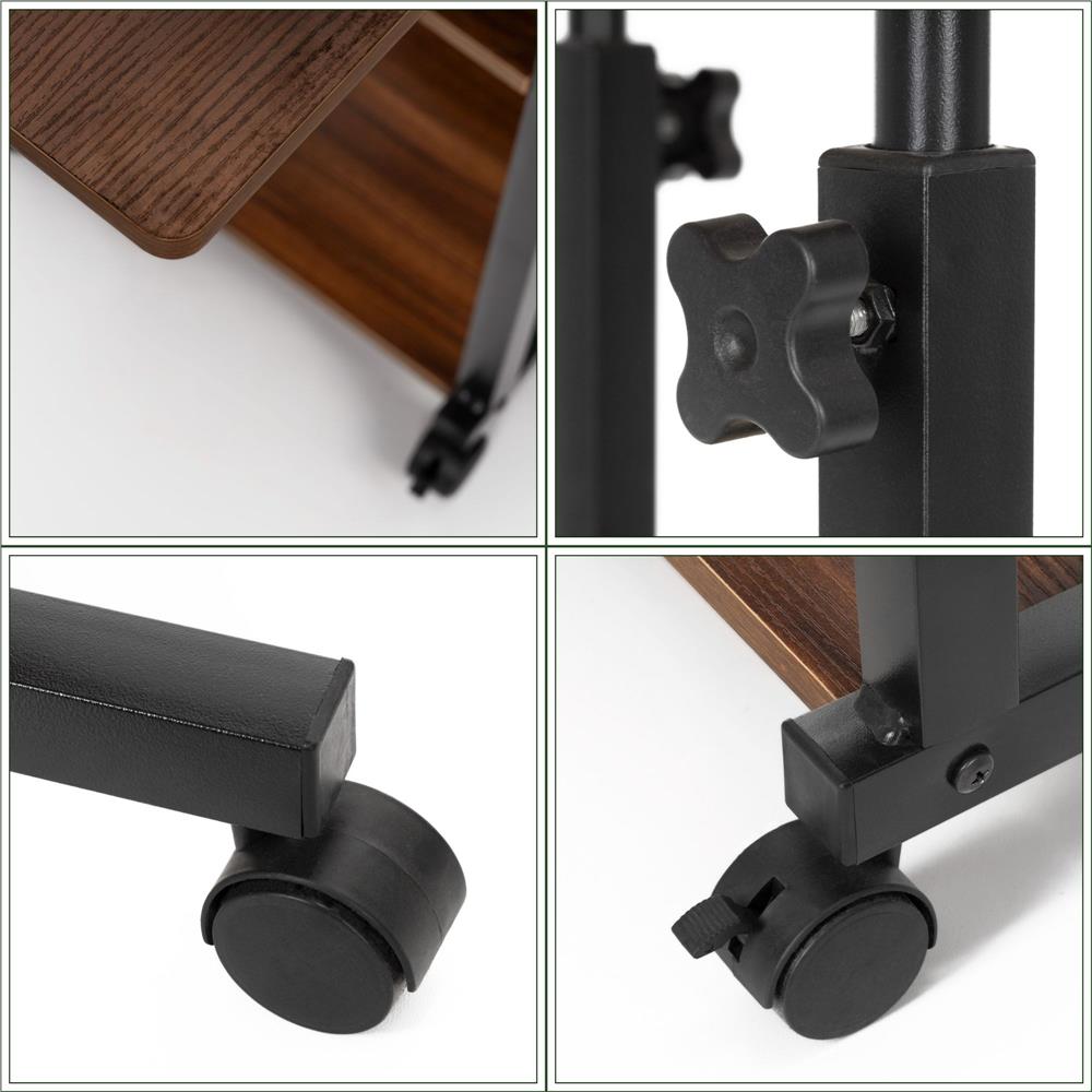Birou reglabil pe inaltime cu rafturi si roti, blat din lemn si structura metalica, 80x40x76-86 cm, maro inchis