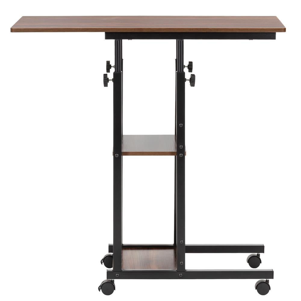 Birou reglabil pe inaltime cu rafturi si roti, blat din lemn si structura metalica, 80x40x76-86 cm, maro inchis