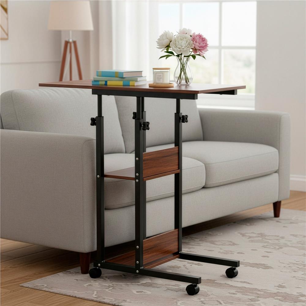 Birou reglabil pe inaltime cu rafturi si roti, blat din lemn si structura metalica, 80x40x76-86 cm, maro inchis