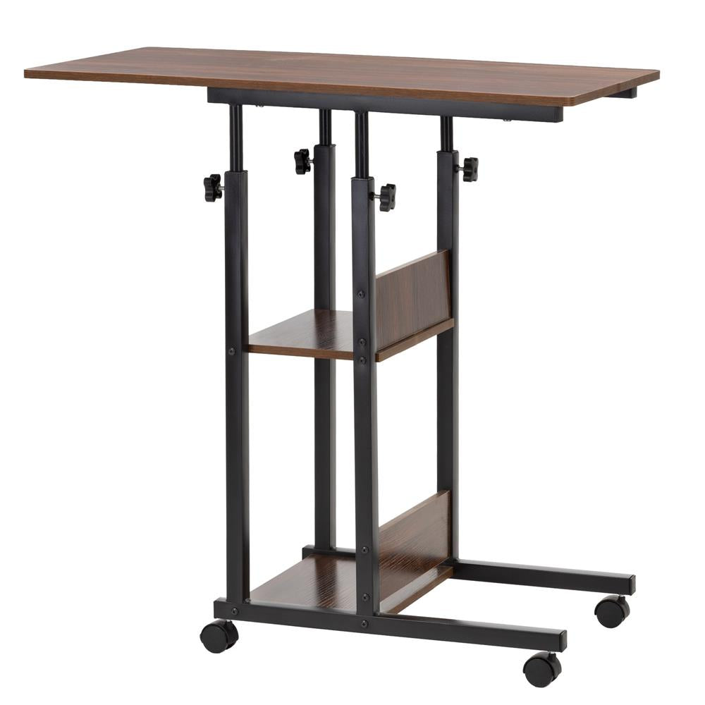 Birou reglabil pe inaltime cu rafturi si roti, blat din lemn si structura metalica, 80x40x76-86 cm, maro inchis