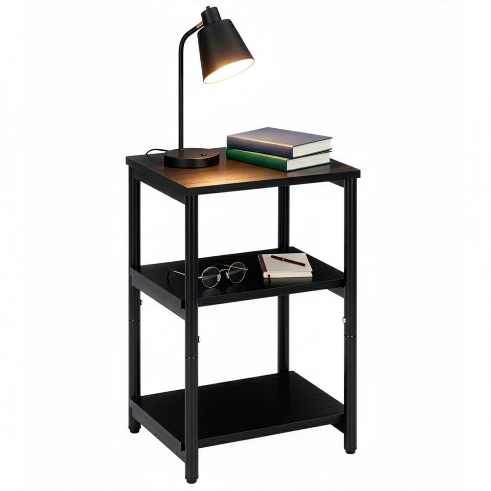 Noptiera cu 3 rafturi din PAL si cadru metalic, 35x31x59 cm, negru