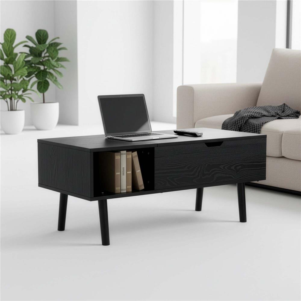 Masuta de cafea cu blat rabatabil si spatiu de depozitare, cadru metalic si PAL, 100x50x43 cm, negru