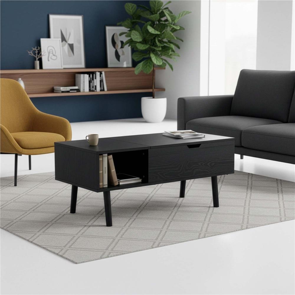 Masuta de cafea cu blat rabatabil si spatiu de depozitare, cadru metalic si PAL, 100x50x43 cm, negru