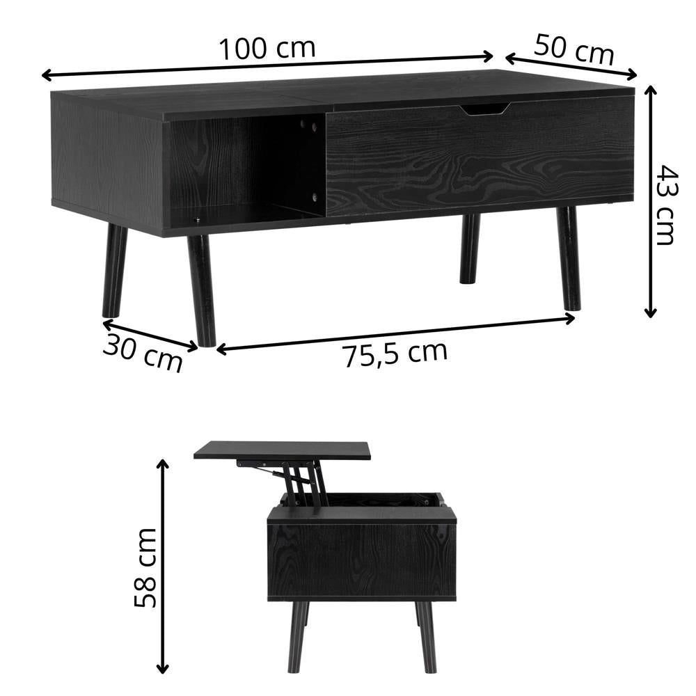 Masuta de cafea cu blat rabatabil si spatiu de depozitare, cadru metalic si PAL, 100x50x43 cm, negru