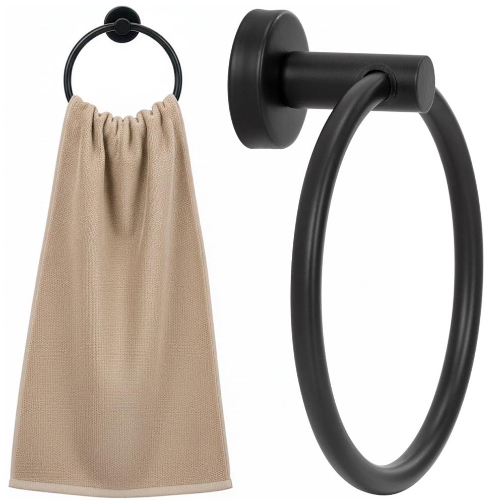 Suport metalic tip inel pentru prosop, inox cu finisaj mat, diametru 17 cm, accesorii montaj incluse, negru