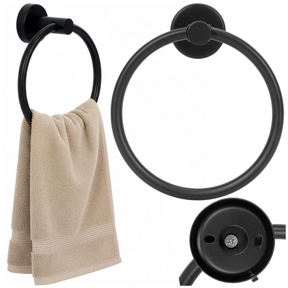 Suport metalic tip inel pentru prosop, inox cu finisaj mat, diametru 17 cm, accesorii montaj incluse, negru