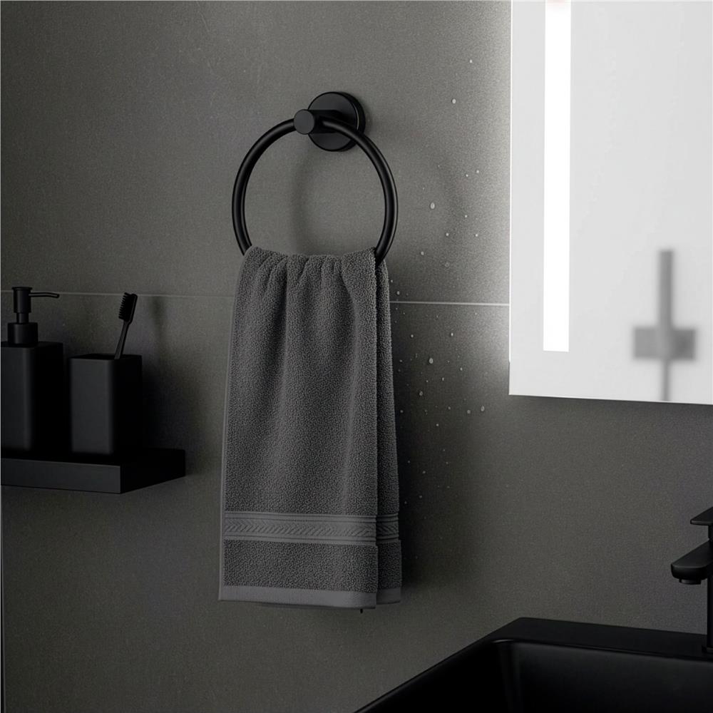 Suport metalic tip inel pentru prosop, inox cu finisaj mat, diametru 17 cm, accesorii montaj incluse, negru