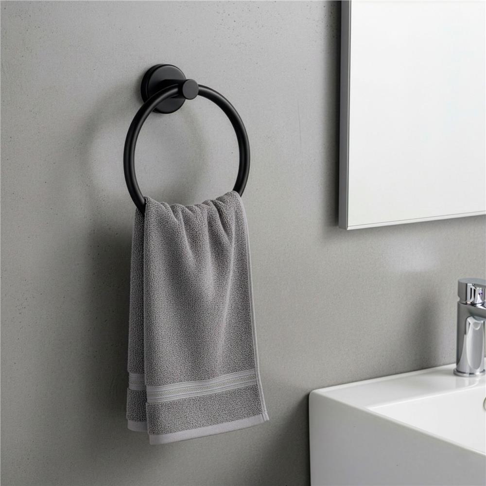Suport metalic tip inel pentru prosop, inox cu finisaj mat, diametru 17 cm, accesorii montaj incluse, negru