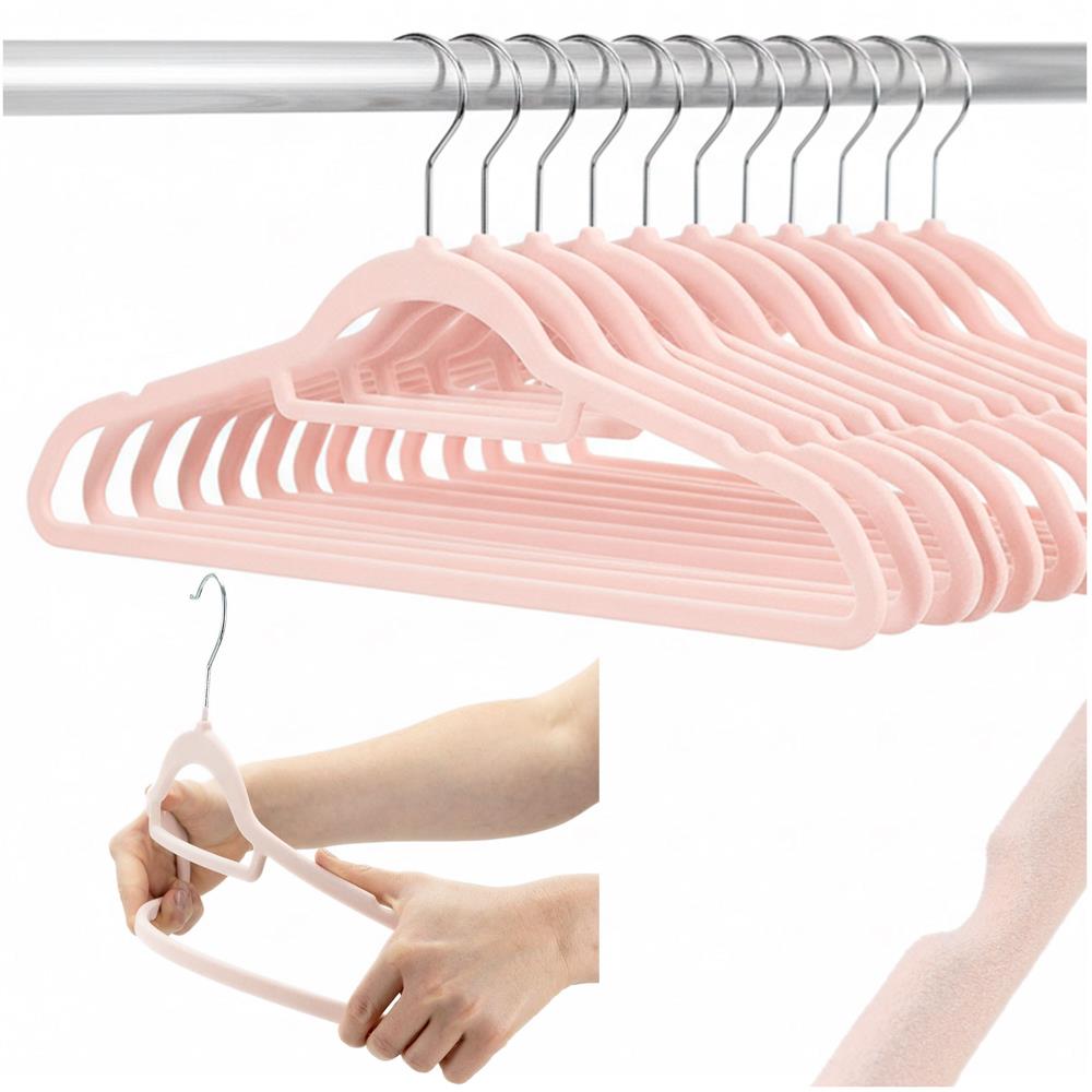 Set de 20 de umerase pentru haine, din velur, cu carlig rotativ, 45x23 cm, roz