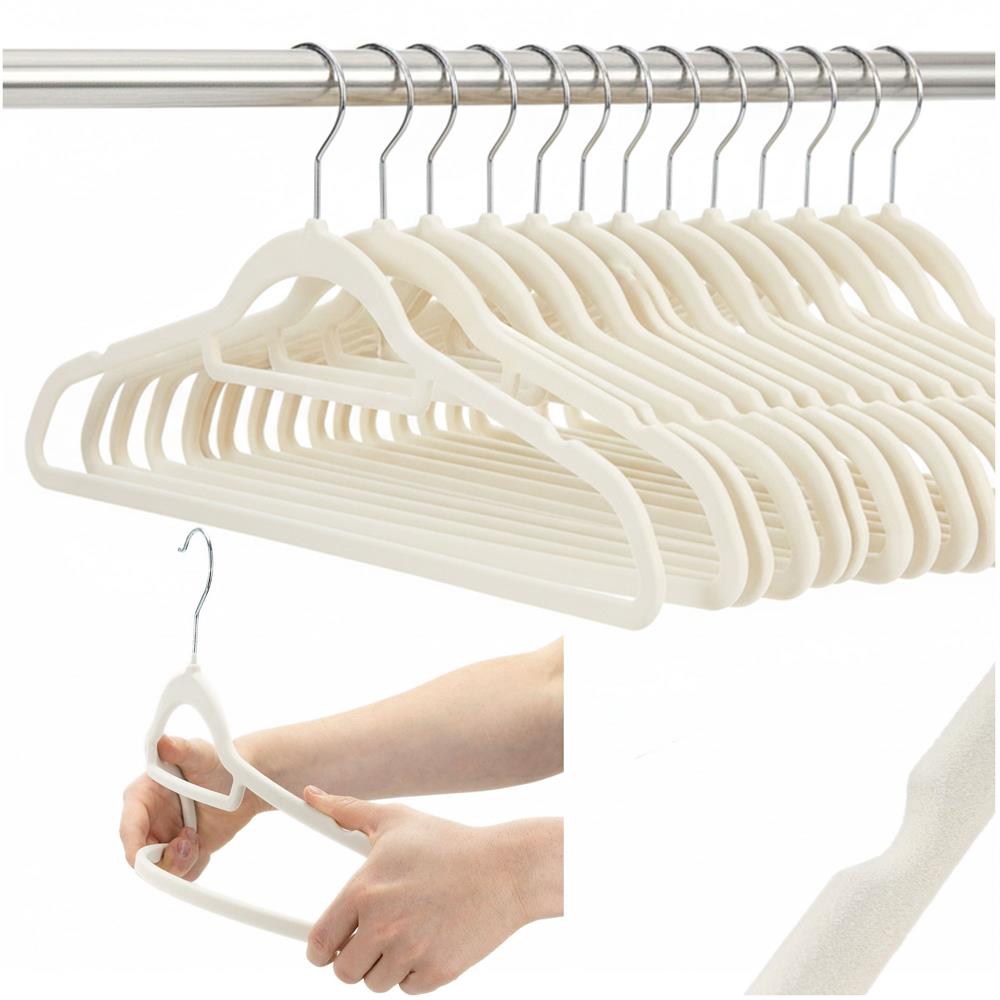 Set de 20 de umerase pentru haine, din velur, cu carlig rotativ, 45x23 cm, ecru