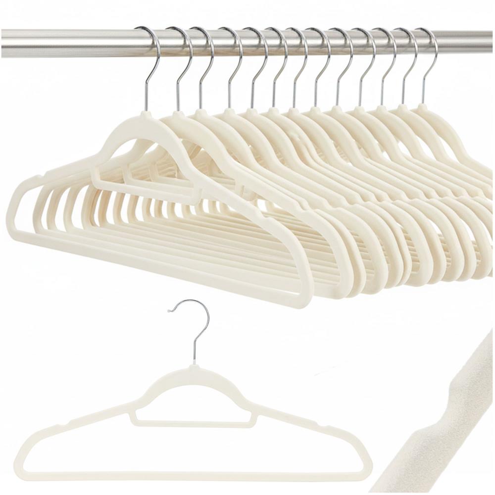 Set de 20 de umerase pentru haine, din velur, cu carlig rotativ, 45x23 cm, ecru
