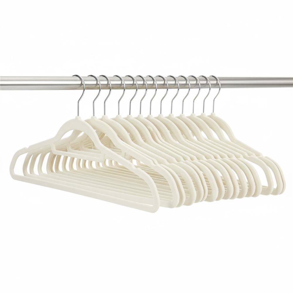 Set de 20 de umerase pentru haine, din velur, cu carlig rotativ, 45x23 cm, ecru