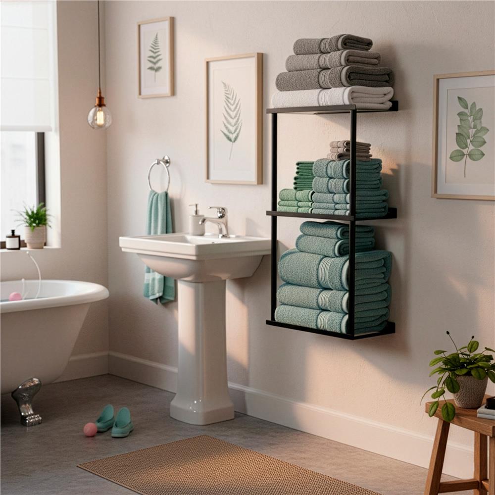 Raft metalic pentru prosoape, structura cu finisaj mat, accesorii montaj incluse, 25x16x76 cm, negru