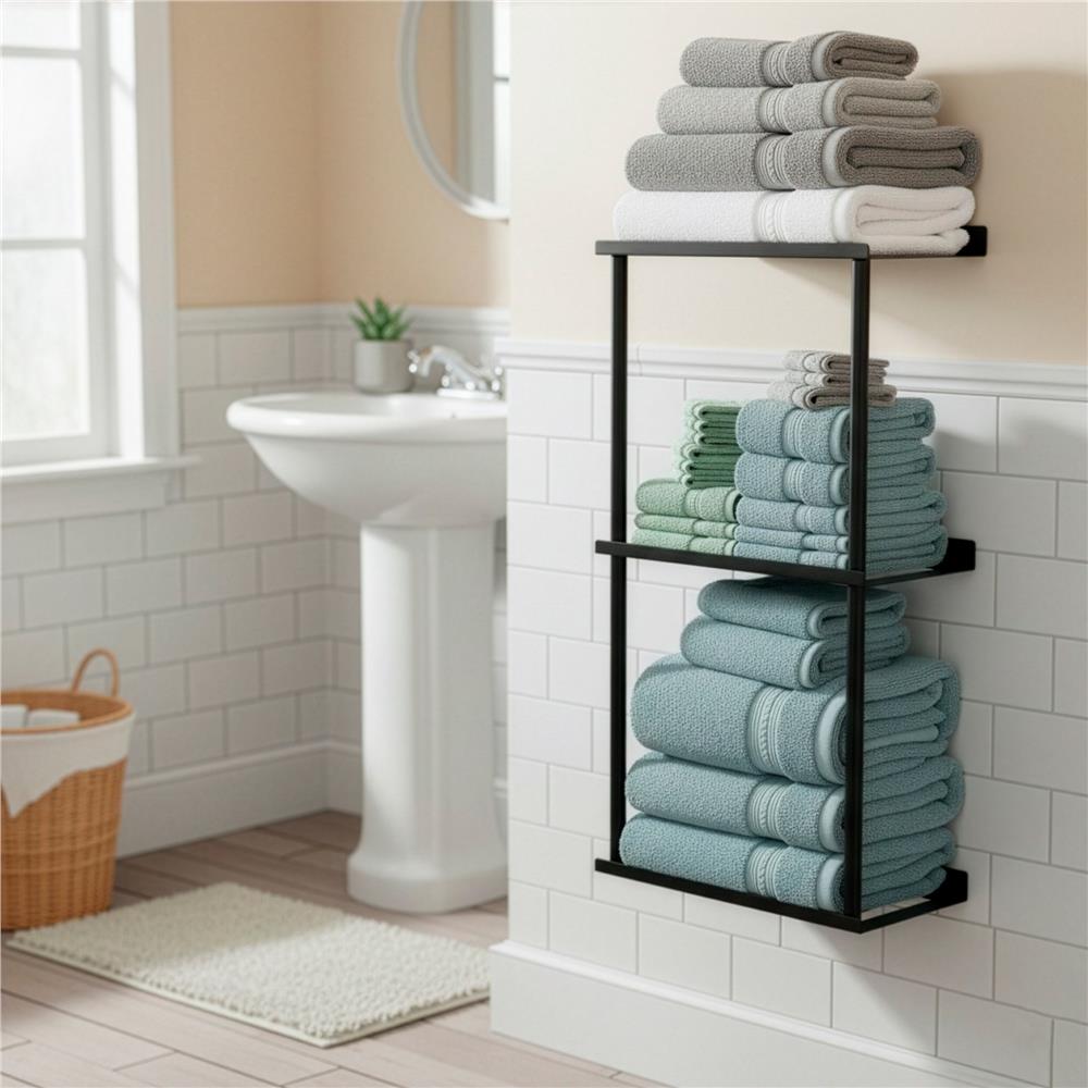 Raft metalic pentru prosoape, structura cu finisaj mat, accesorii montaj incluse, 25x16x76 cm, negru