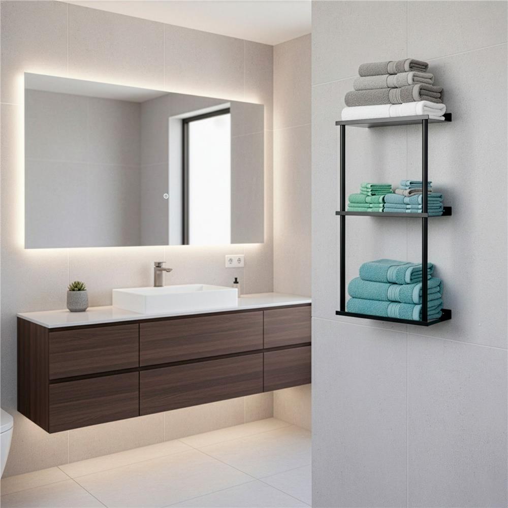 Raft metalic pentru prosoape, structura cu finisaj mat, accesorii montaj incluse, 25x16x76 cm, negru