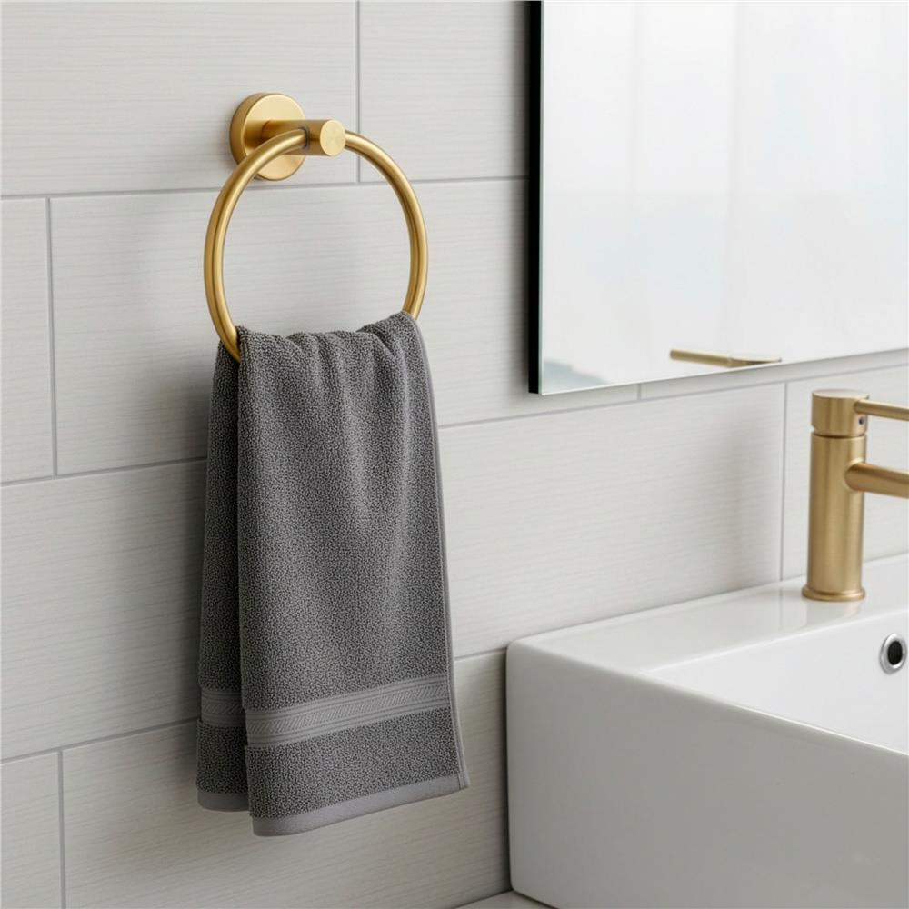 Suport metalic tip inel pentru prosop, inox cu finisaj lucios, diametru 17 cm, accesorii montaj incluse, auriu