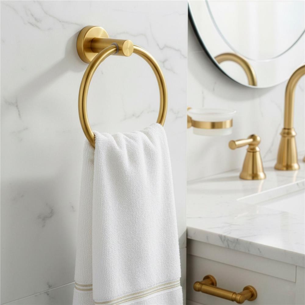 Suport metalic tip inel pentru prosop, inox cu finisaj lucios, diametru 17 cm, accesorii montaj incluse, auriu